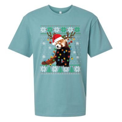 Red Panda Christmas Lights Santa Hat Ugly Sweater Xmas Cute Gift Sueded Cloud Jersey T-Shirt