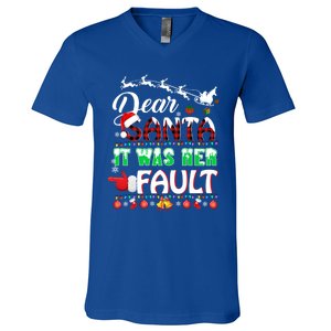 Red Plaid Christmas Couples Tees Dear Santa It Was Her Fault Gift V-Neck T-Shirt