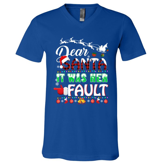 Red Plaid Christmas Couples Tees Dear Santa It Was Her Fault Gift V-Neck T-Shirt