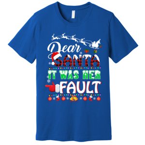 Red Plaid Christmas Couples Tees Dear Santa It Was Her Fault Gift Premium T-Shirt