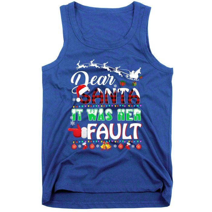 Red Plaid Christmas Couples Tees Dear Santa It Was Her Fault Gift Tank Top