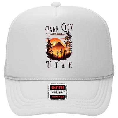 Retro Park City Utah National Park Mountains Nature Camping High Crown Mesh Back Trucker Hat