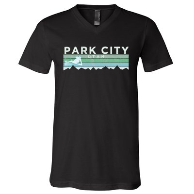 Retro Park City Utah Distressed Skiing V-Neck T-Shirt