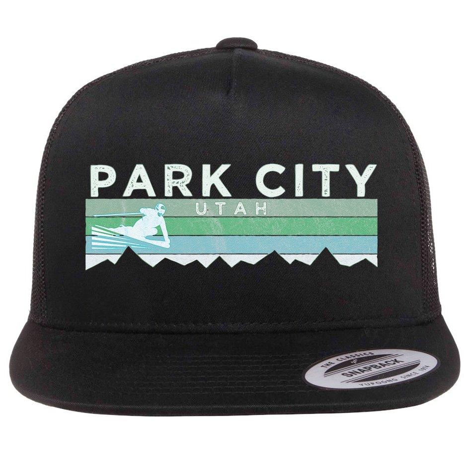 Retro Park City Utah Distressed Skiing Flat Bill Trucker Hat