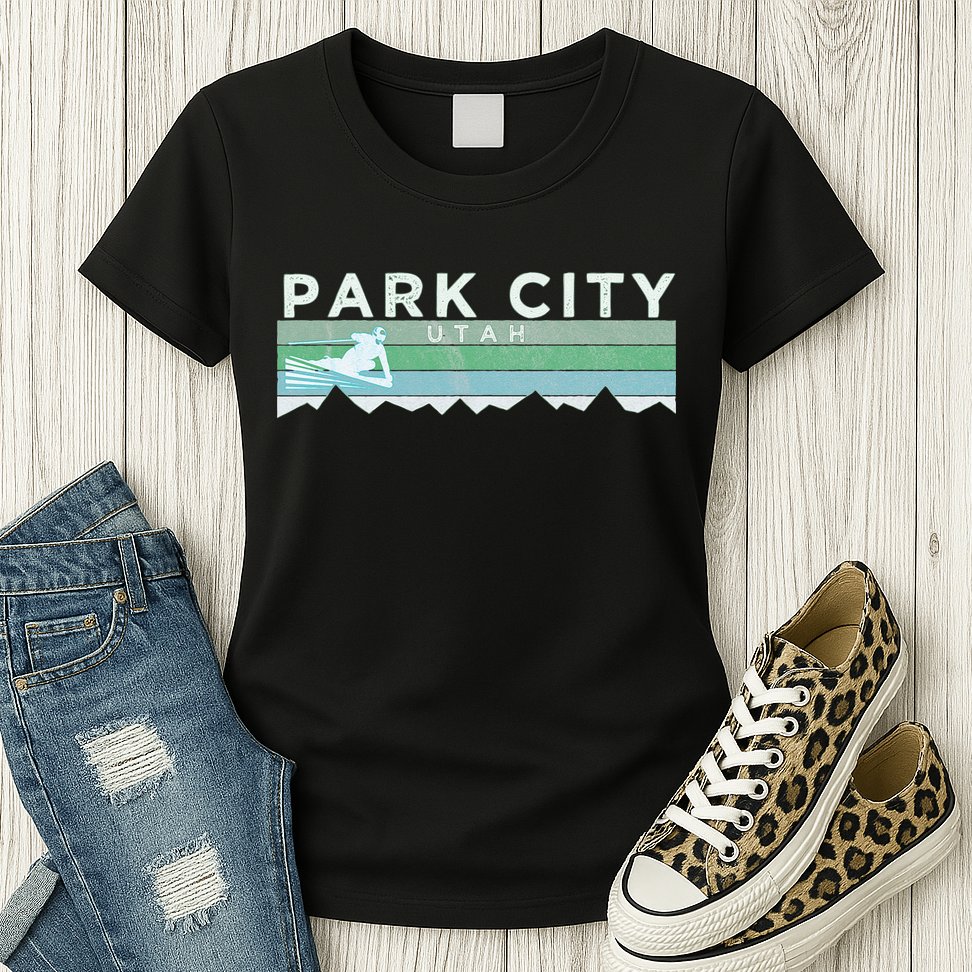 Retro Park City Utah Distressed Skiing Womens T-Shirt