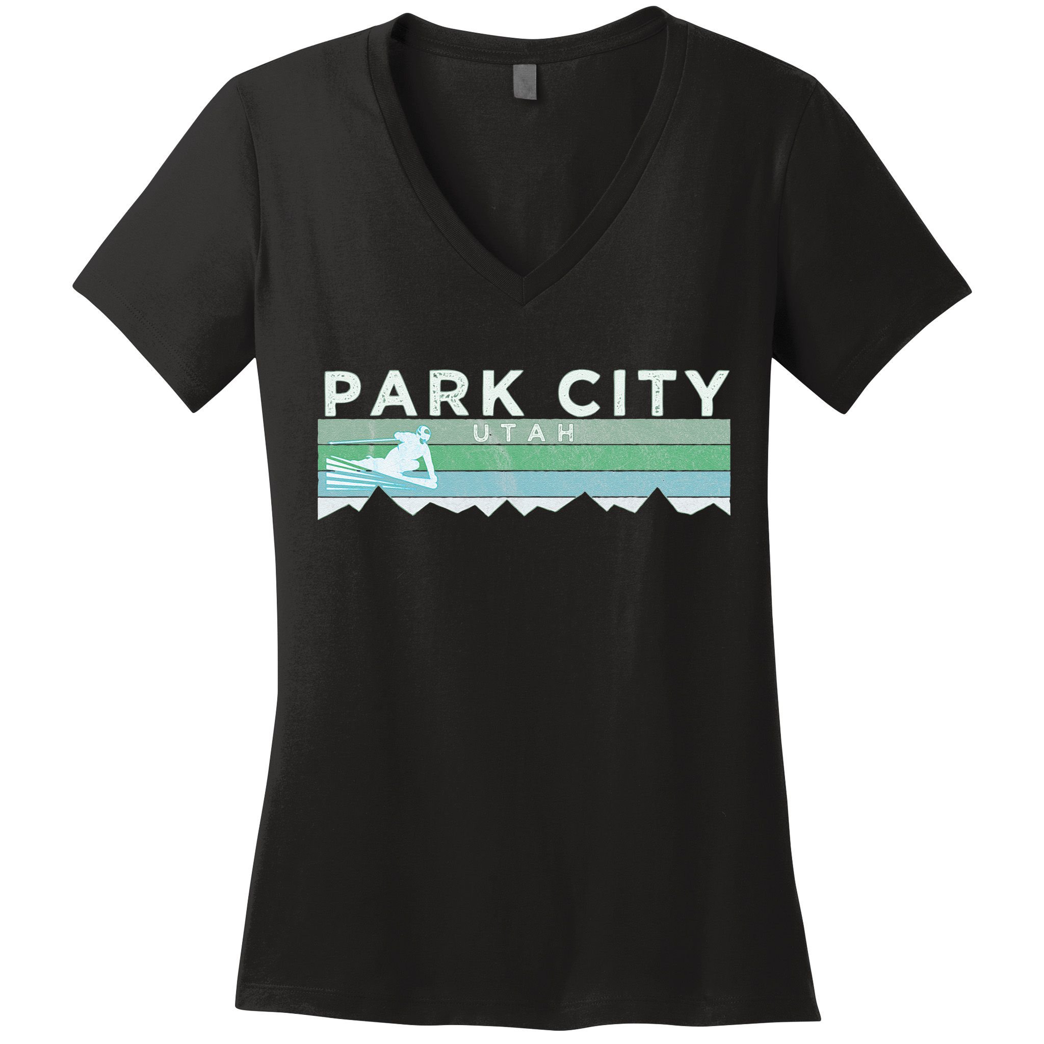 Retro Park City Utah Distressed Skiing Women's V-Neck T-Shirt