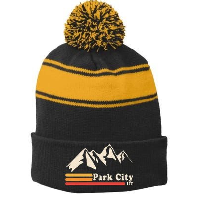 Retro Park City Utah Mountains Ski Stripe Pom Pom Beanie