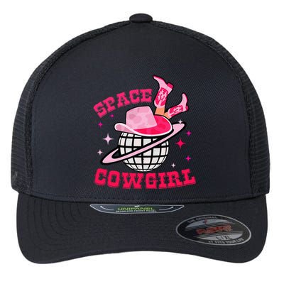 Retro Pink Cowhide Disco Space Cowgirl Western Flexfit Unipanel Trucker Cap