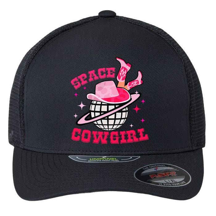 Retro Pink Cowhide Disco Space Cowgirl Western Flexfit Unipanel Trucker Cap