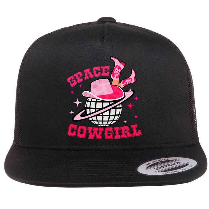 Retro Pink Cowhide Disco Space Cowgirl Western Flat Bill Trucker Hat