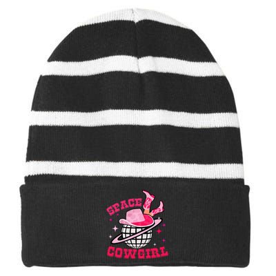 Retro Pink Cowhide Disco Space Cowgirl Western Striped Beanie with Solid Band