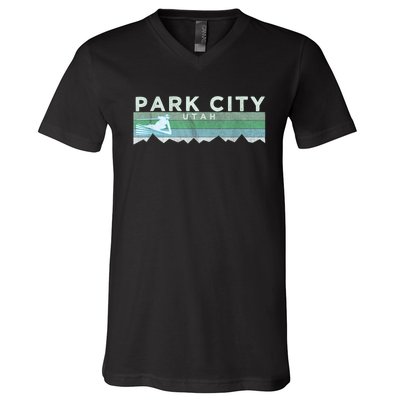 Retro Park City, Utah Distressed Skiing V-Neck T-Shirt