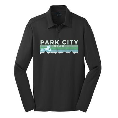 Retro Park City, Utah Distressed Skiing Silk Touch Performance Long Sleeve Polo