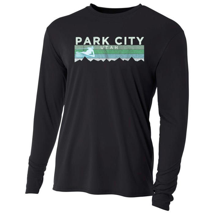 Retro Park City, Utah Distressed Skiing Cooling Performance Long Sleeve Crew