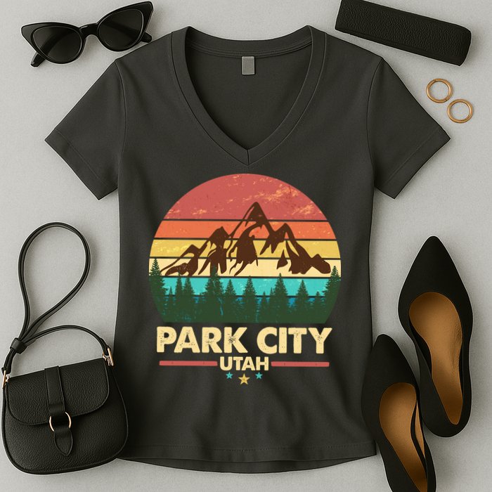 Retro Park City Utah Mountain Women's V-Neck T-Shirt