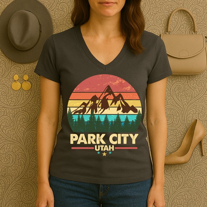 Retro Park City Utah Mountain Women's V-Neck T-Shirt