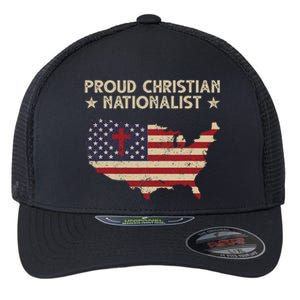 Retro Proud Christian Nationalist American Flag Faith Cross Flexfit Unipanel Trucker Cap