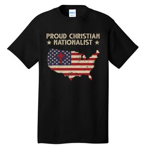 Retro Proud Christian Nationalist American Flag Faith Cross Tall T-Shirt