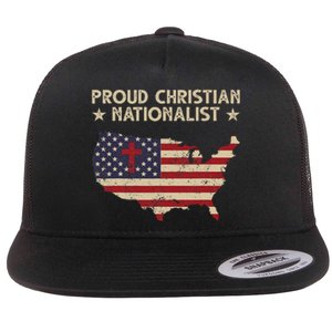 Retro Proud Christian Nationalist American Flag Faith Cross Flat Bill Trucker Hat