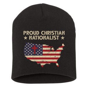 Retro Proud Christian Nationalist American Flag Faith Cross Short Acrylic Beanie