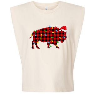 Red Plaid Christmas Lights Pajama Bison Animals Lover Gift Garment-Dyed Women's Muscle Tee