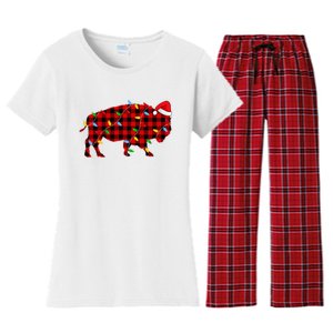 Red Plaid Christmas Lights Pajama Bison Animals Lover Gift Women's Flannel Pajama Set