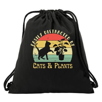 Retro Pet Cat Plant Lover Easily Distracted By Plants & Cats Drawstring Bag