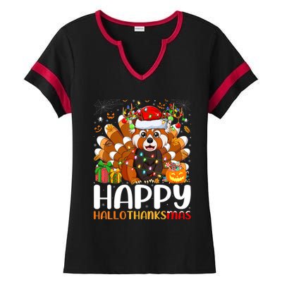 Red Panda Christmas Lights Santa Hat Pajamas Gift Ladies Halftime Notch Neck Tee