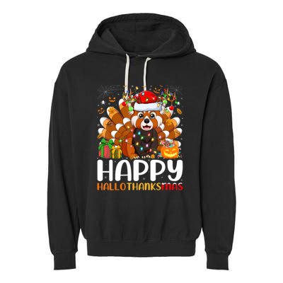 Red Panda Christmas Lights Santa Hat Pajamas Gift Garment-Dyed Fleece Hoodie