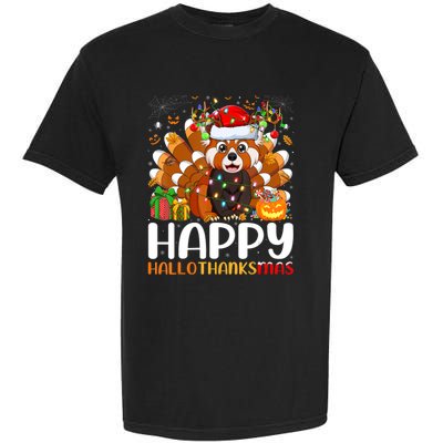 Red Panda Christmas Lights Santa Hat Pajamas Gift Garment-Dyed Heavyweight T-Shirt