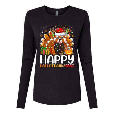 Red Panda Christmas Lights Santa Hat Pajamas Gift Womens Cotton Relaxed Long Sleeve T-Shirt