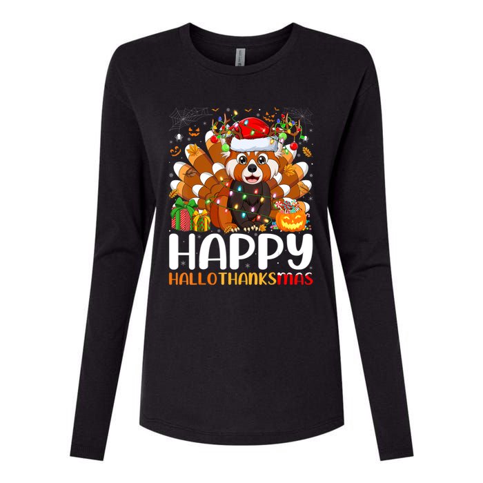 Red Panda Christmas Lights Santa Hat Pajamas Gift Womens Cotton Relaxed Long Sleeve T-Shirt