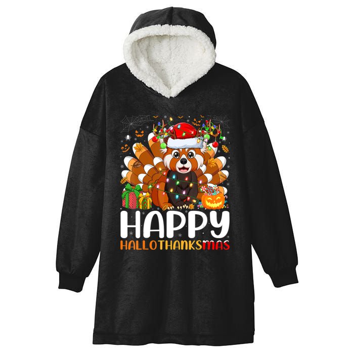 Red Panda Christmas Lights Santa Hat Pajamas Gift Hooded Wearable Blanket