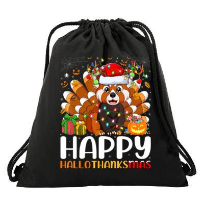 Red Panda Christmas Lights Santa Hat Pajamas Gift Drawstring Bag