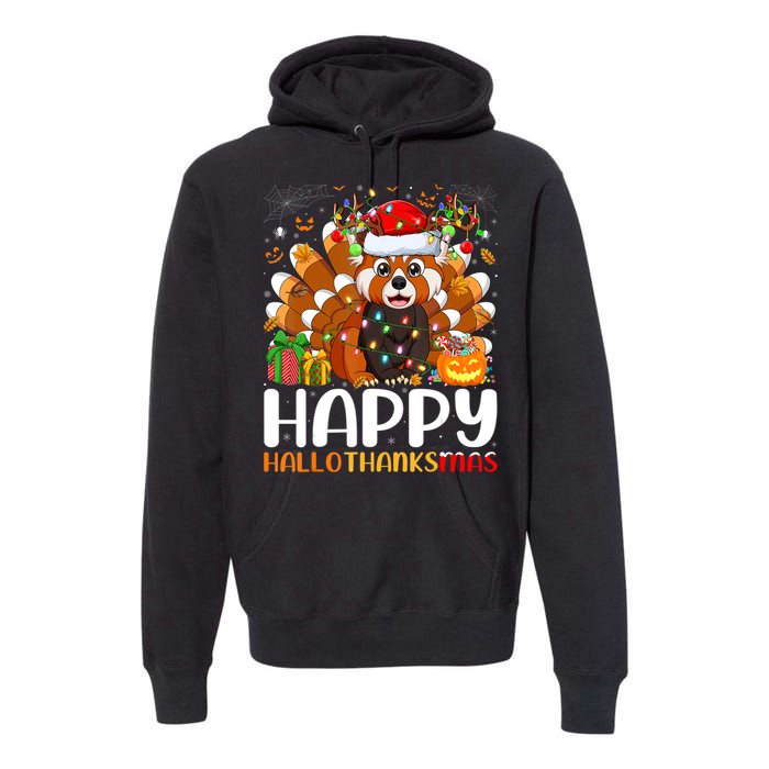 Red Panda Christmas Lights Santa Hat Pajamas Gift Premium Hoodie