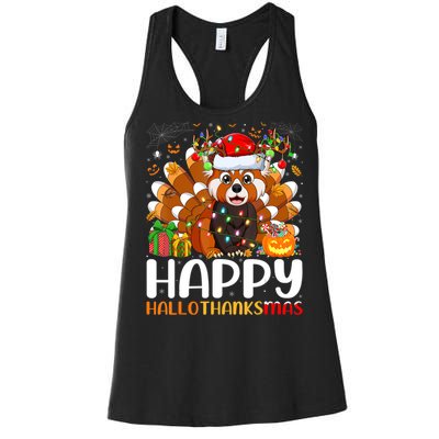 Red Panda Christmas Lights Santa Hat Pajamas Gift Women's Racerback Tank