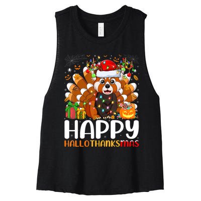 Red Panda Christmas Lights Santa Hat Pajamas Gift Women's Racerback Cropped Tank