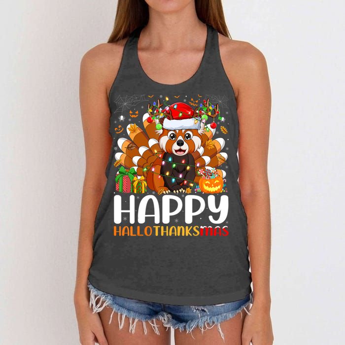 Red Panda Christmas Lights Santa Hat Pajamas Gift Women's Knotted Racerback Tank