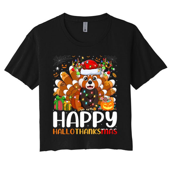 Red Panda Christmas Lights Santa Hat Pajamas Gift Women's Crop Top Tee