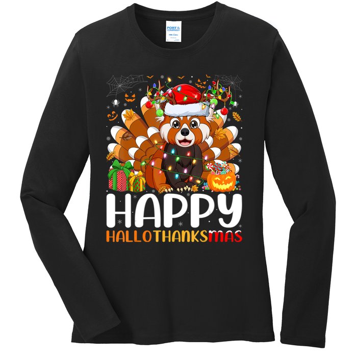 Red Panda Christmas Lights Santa Hat Pajamas Gift Ladies Long Sleeve Shirt