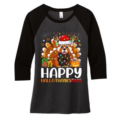 Red Panda Christmas Lights Santa Hat Pajamas Gift Women's Tri-Blend 3/4-Sleeve Raglan Shirt