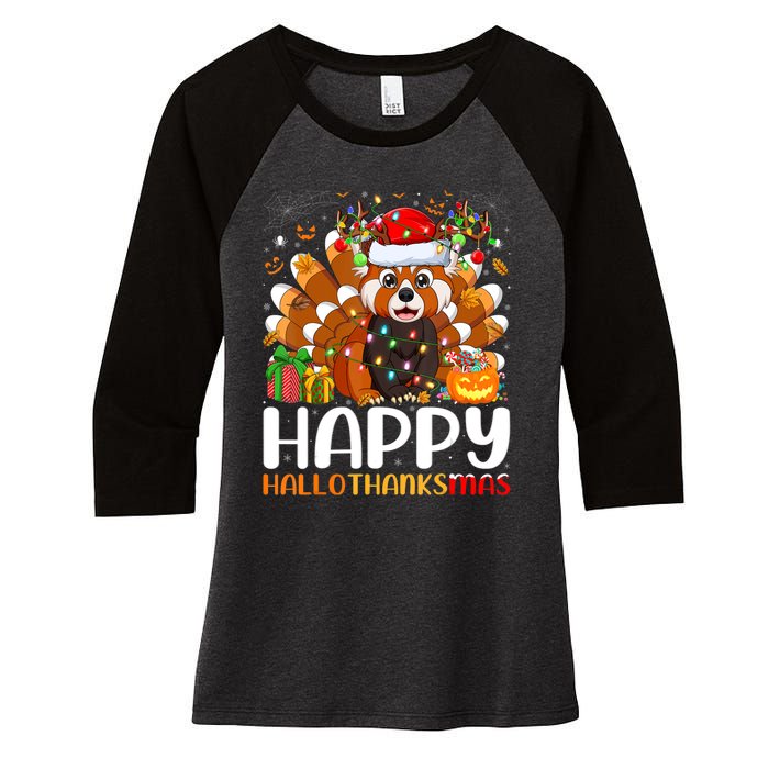 Red Panda Christmas Lights Santa Hat Pajamas Gift Women's Tri-Blend 3/4-Sleeve Raglan Shirt