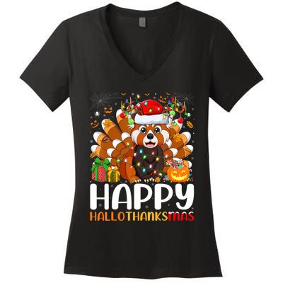 Red Panda Christmas Lights Santa Hat Pajamas Gift Women's V-Neck T-Shirt