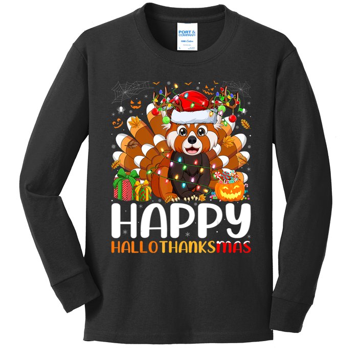 Red Panda Christmas Lights Santa Hat Pajamas Gift Kids Long Sleeve Shirt