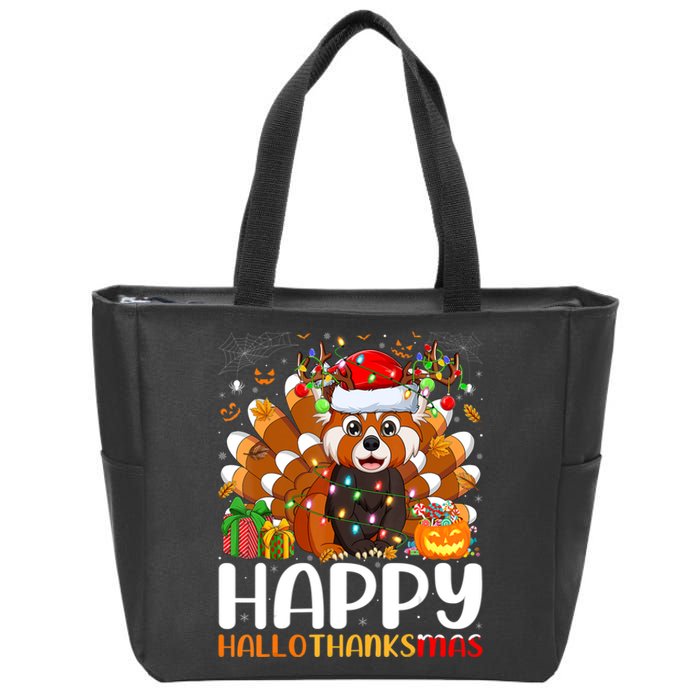 Red Panda Christmas Lights Santa Hat Pajamas Gift Zip Tote Bag