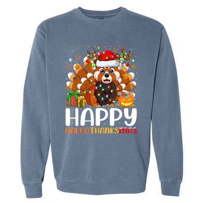 Red Panda Christmas Lights Santa Hat Pajamas Gift Garment-Dyed Sweatshirt