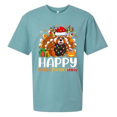 Red Panda Christmas Lights Santa Hat Pajamas Gift Sueded Cloud Jersey T-Shirt