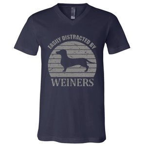 Retro Pet Dogs Weiners Lover Easily Distracted By Weiners V-Neck T-Shirt