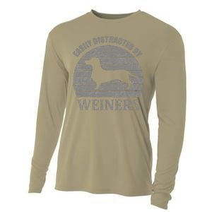 Retro Pet Dogs Weiners Lover Easily Distracted By Weiners Cooling Performance Long Sleeve Crew