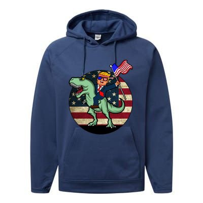 Republican President Donald Trump Riding Dinosaur Usa Trex Gift Performance Fleece Hoodie